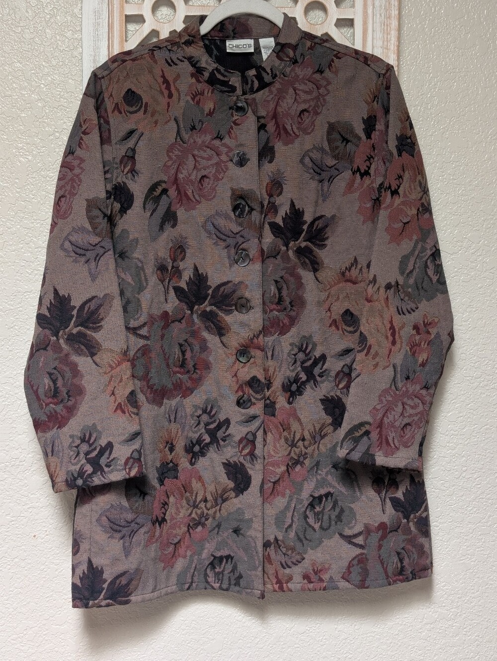 Vtg Chico’s Tapestry Jacquard Long Line Jacket Topper Size 1 (Medium) Artsy